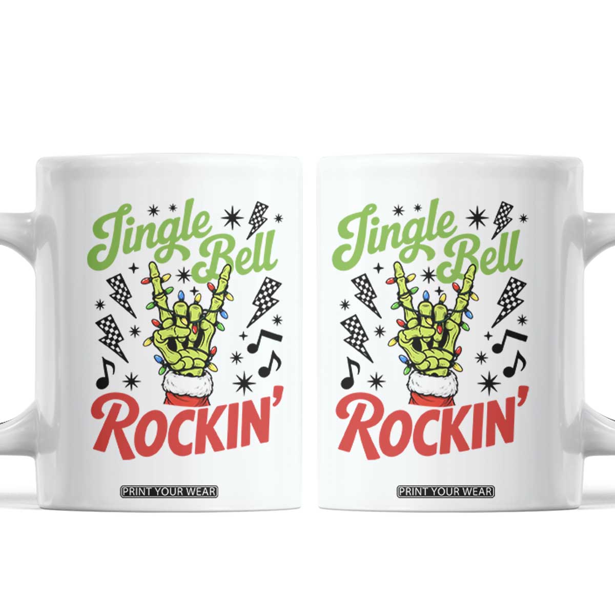 Jingle Bell Rockin Skeleton Hand Coffee Mug Green Rocker Christmas Holiday Gift