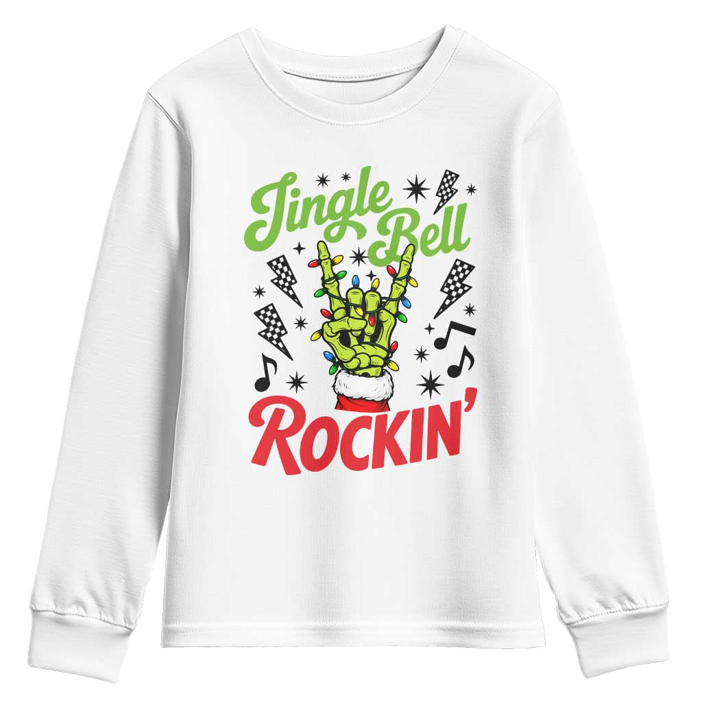 Jingle Bell Rockin Skeleton Hand Youth Sweatshirt Green Rocker Christmas Holiday Gift
