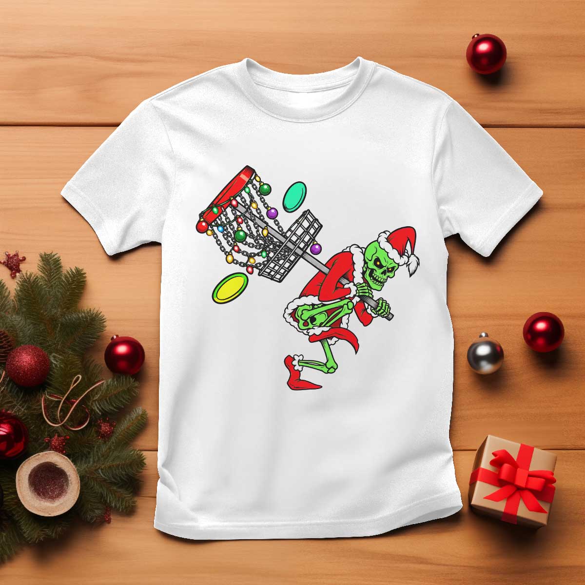 Funny Christmas Disc Golf T Shirt Green Skeleton Holiday Player Gift