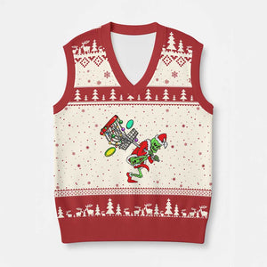 Funny Xmas Disc Golf V-Neck Knit Sweater Vest Green Skeleton Holiday Player Gift