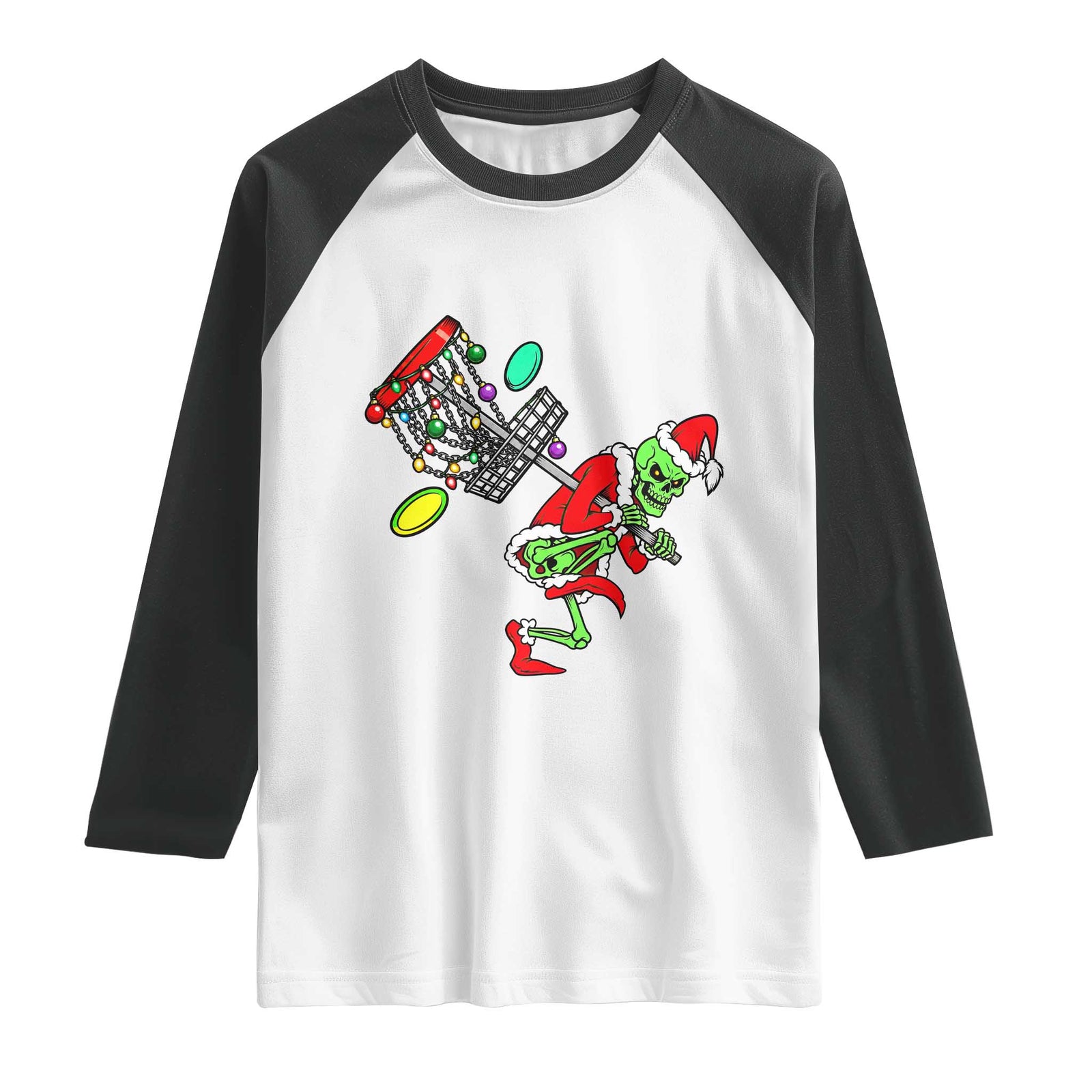 Funny Christmas Disc Golf Raglan Shirt Green Skeleton Holiday Player Gift