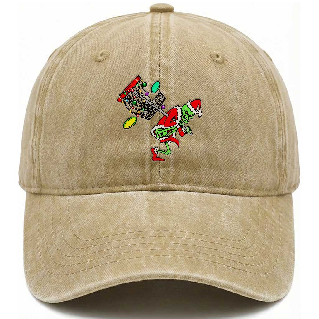 Funny Christmas Disc Golf Washed Cotton Baseball Cap Green Skeleton Holiday Player Gift