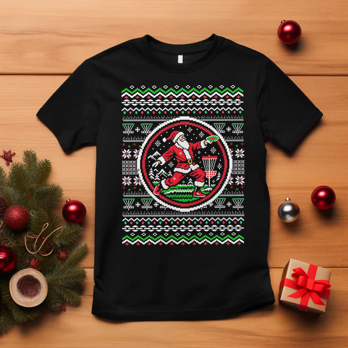 Santa Playing Disc Golf T Shirt Funny Christmas Frisbee Sports Humor