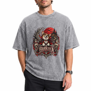 Halloween Barkula Vampire Corgi Washed Cotton T-Shirt Gothic Spooky Dog Lover Holiday Gift