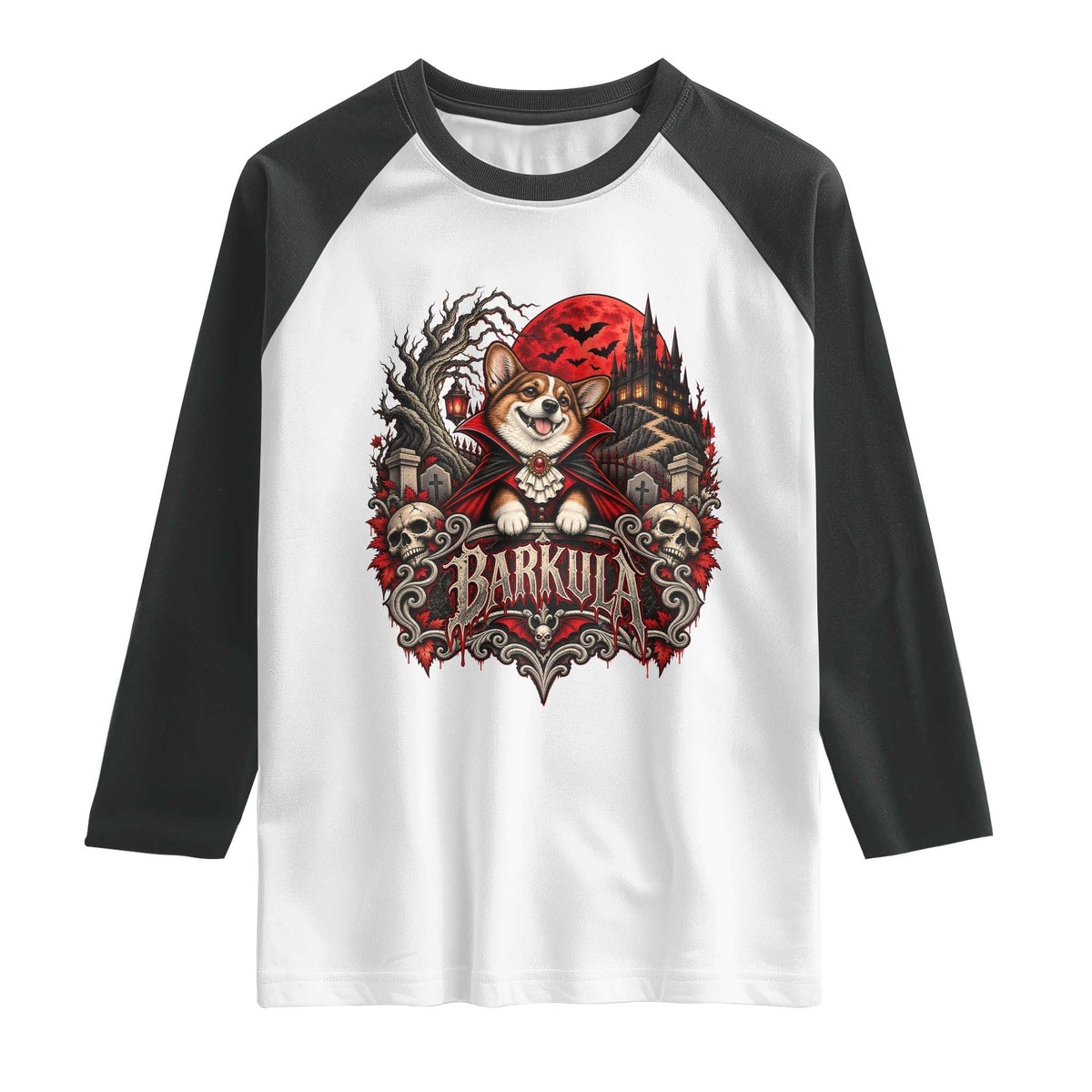 Halloween Barkula Vampire Corgi Raglan Shirt Gothic Spooky Dog Lover Holiday Gift