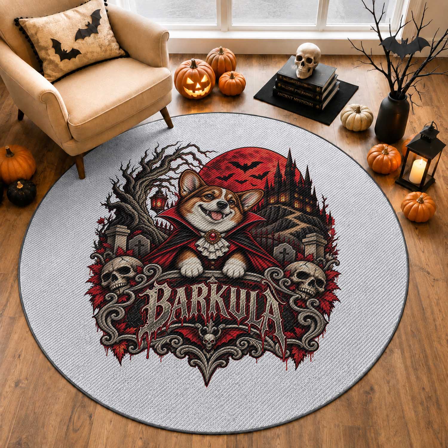 Halloween Barkula Vampire Corgi Round Rug Gothic Spooky Dog Lover Holiday Gift