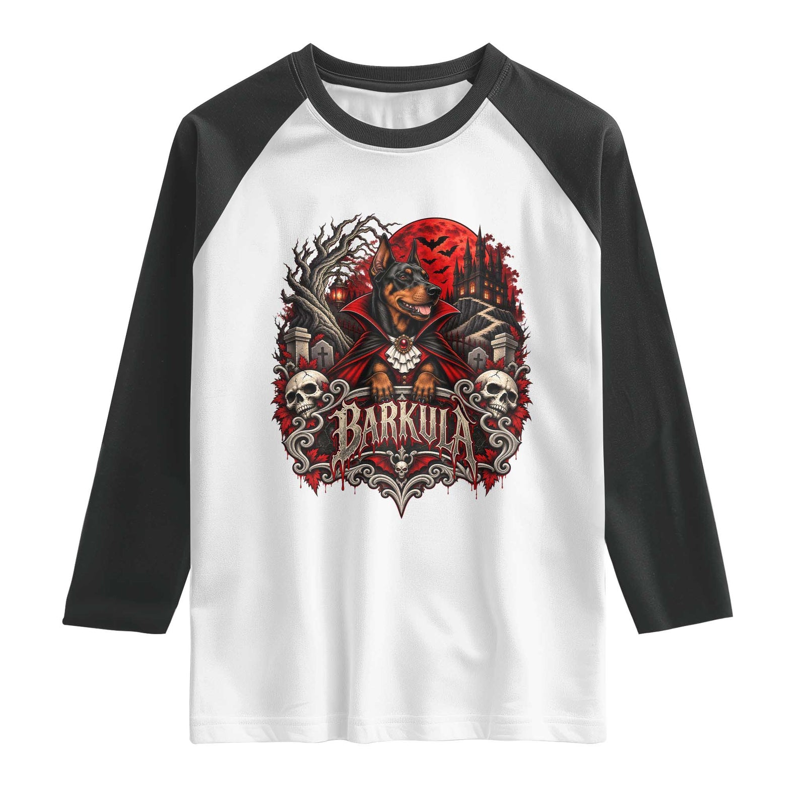 Halloween Barkula Vampire Doberman Raglan Shirt Gothic Spooky Dog Lover Holiday Gift