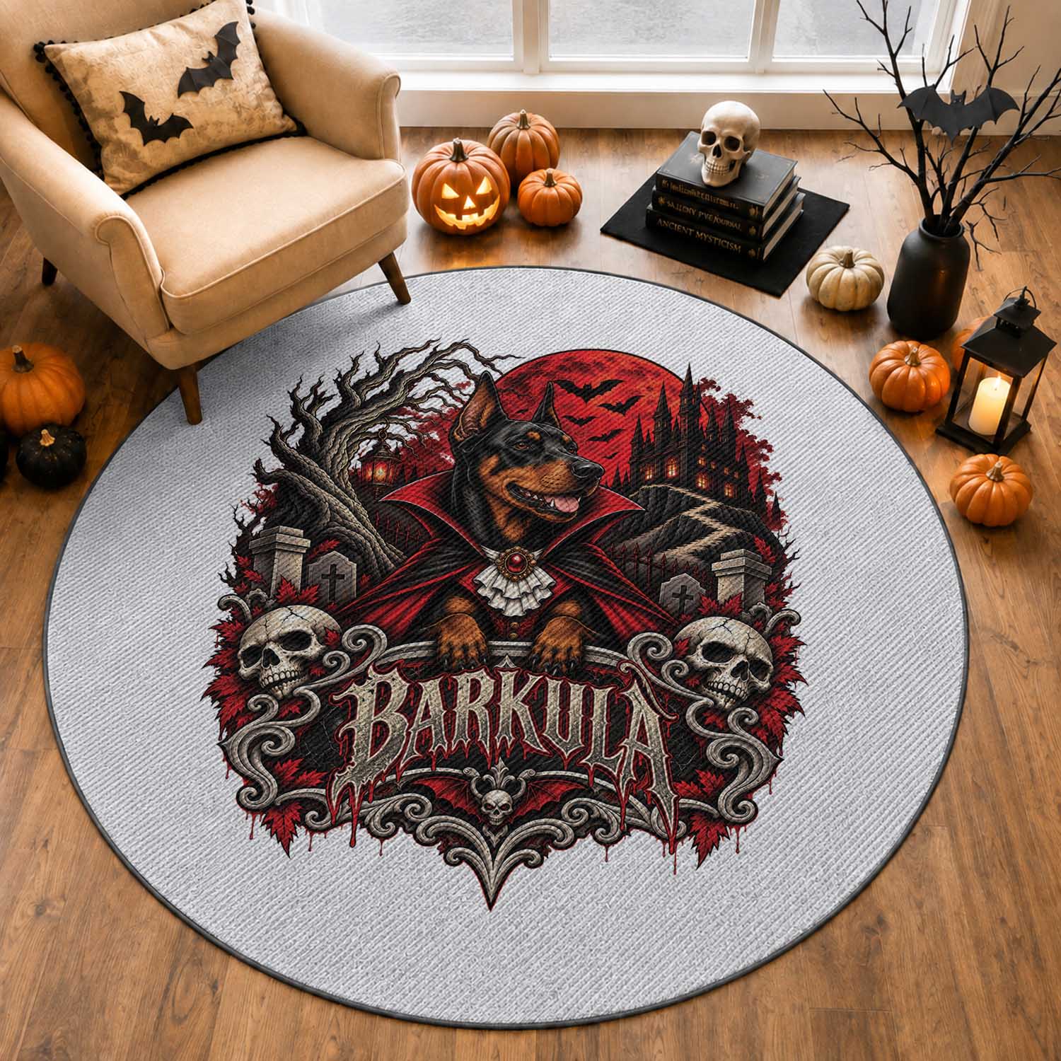 Halloween Barkula Vampire Doberman Round Rug Gothic Spooky Dog Lover Holiday Gift