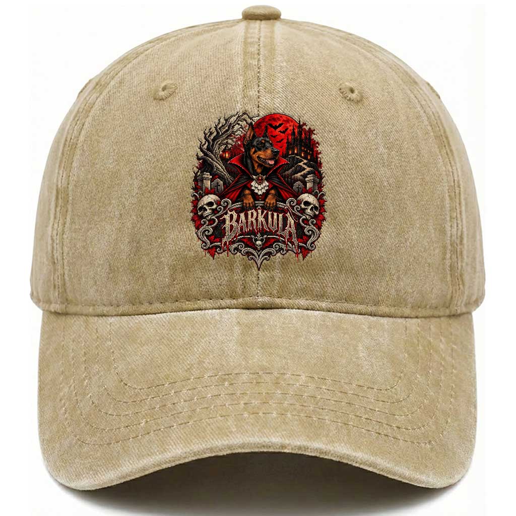 Halloween Barkula Vampire Doberman Washed Cotton Baseball Cap Gothic Spooky Dog Lover Holiday Gift