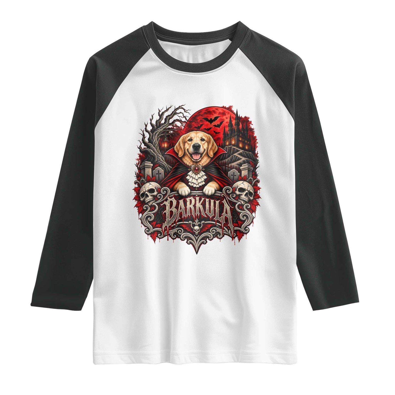 Halloween Barkula Vampire Golden Retriever Raglan Shirt Gothic Spooky Dog Lover Holiday Gift