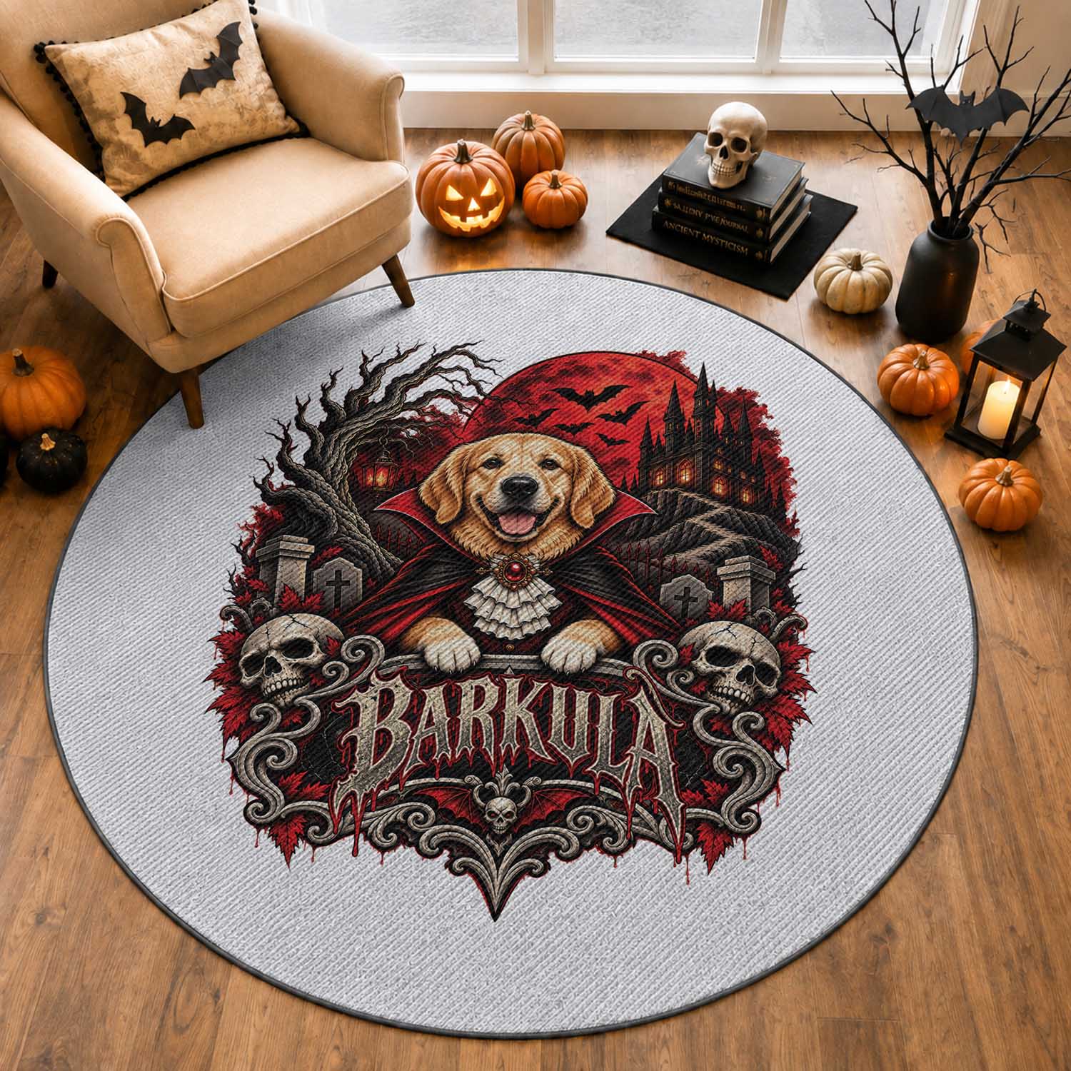 Halloween Barkula Vampire Golden Retriever Round Rug Gothic Spooky Dog Lover Holiday Gift