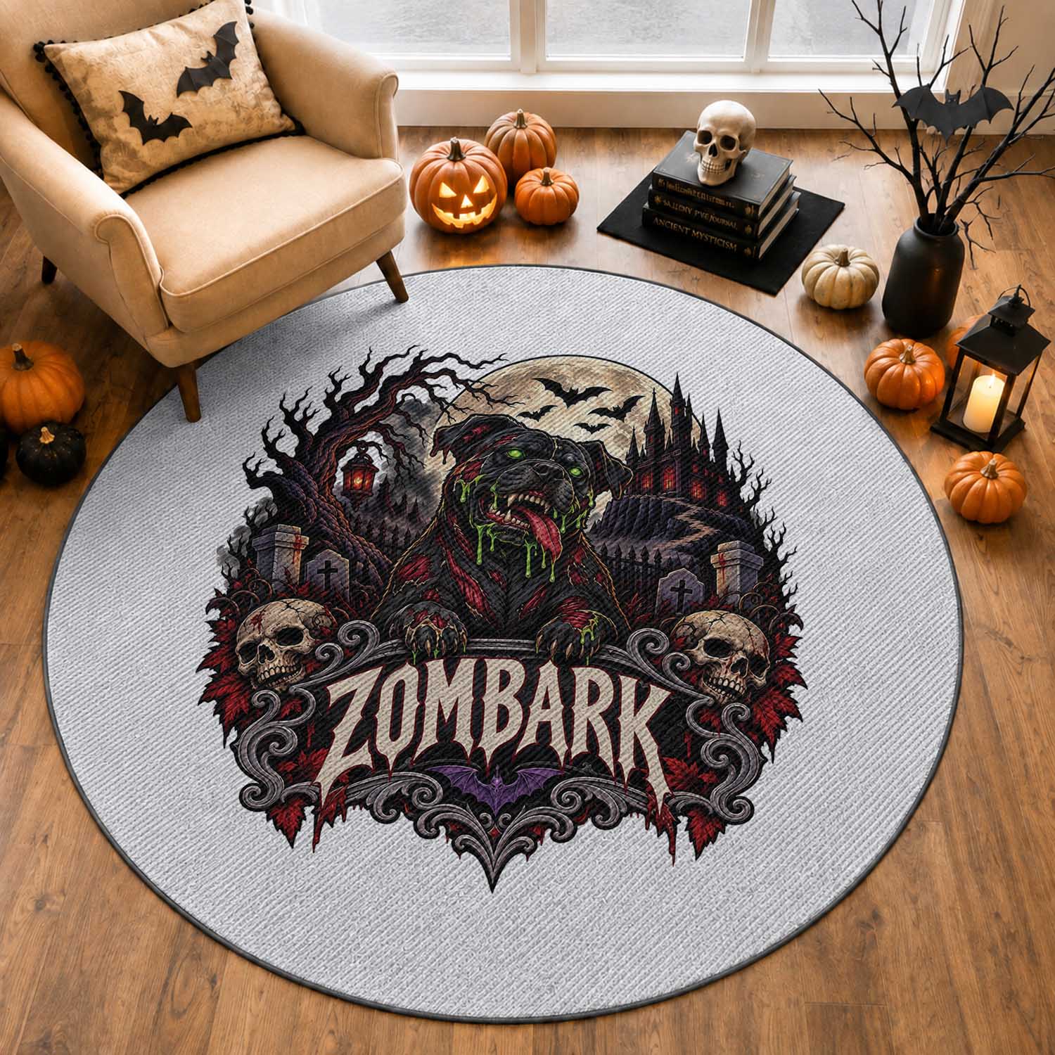 Halloween Zombark Pitbull Zombie Round Rug Spooky Gothic Dog Lover Halloween Gift
