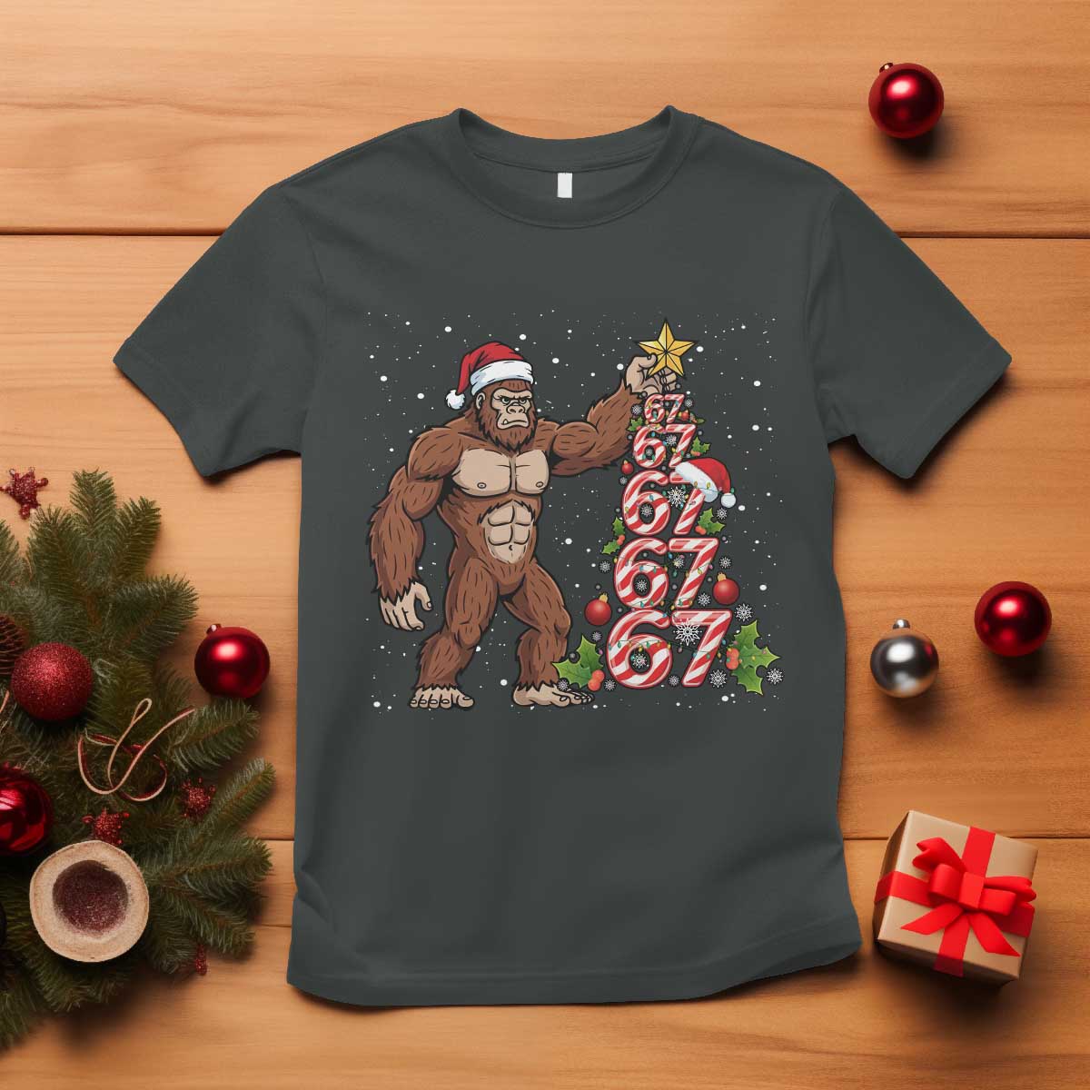 Bigfoot Christmas Tree 67 T Shirt Holiday Six Seven Meme Brainrot Gift TS12 Dark Heather Print Your Wear
