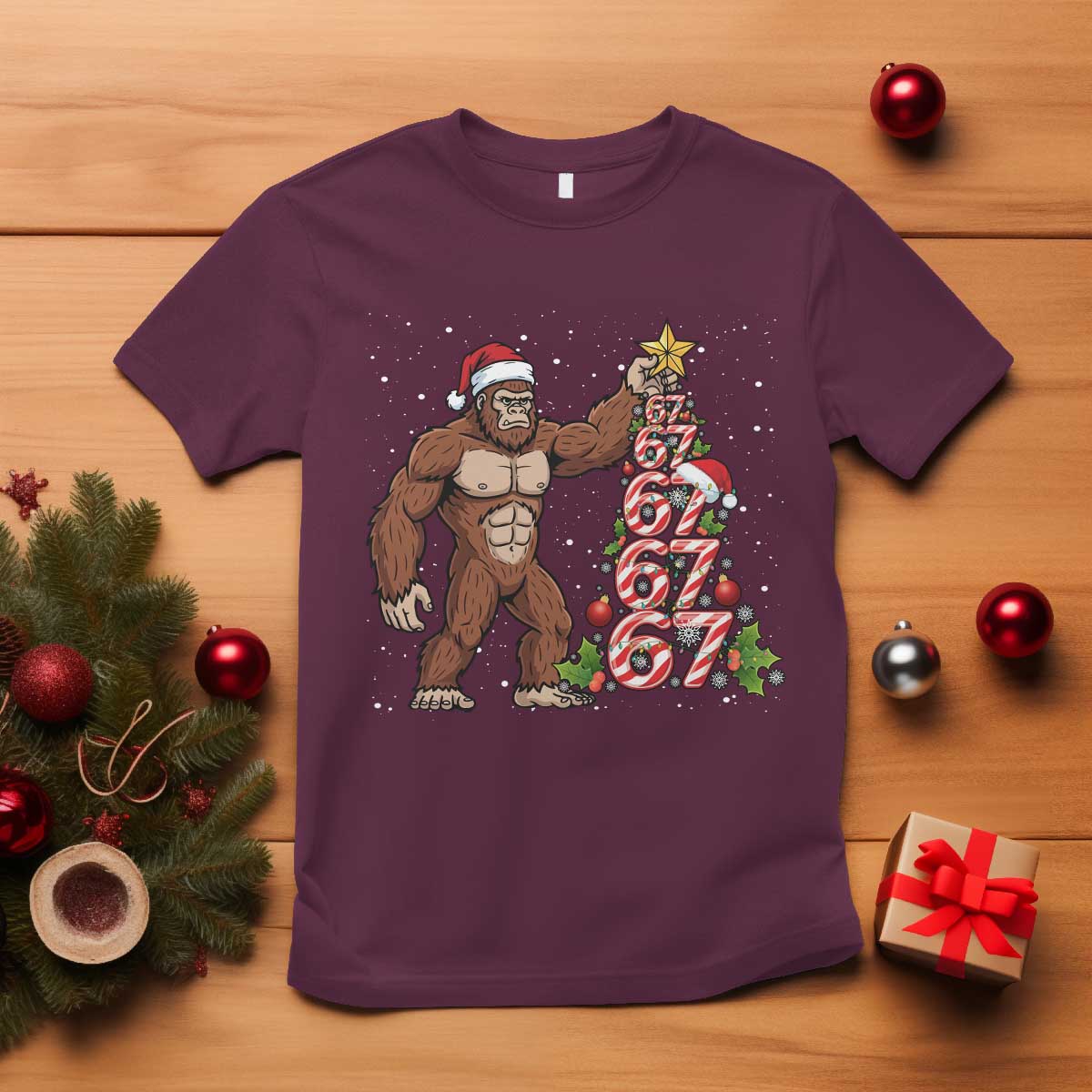 Bigfoot Christmas Tree 67 T Shirt Holiday Six Seven Meme Brainrot Gift TS12 Maroon Print Your Wear