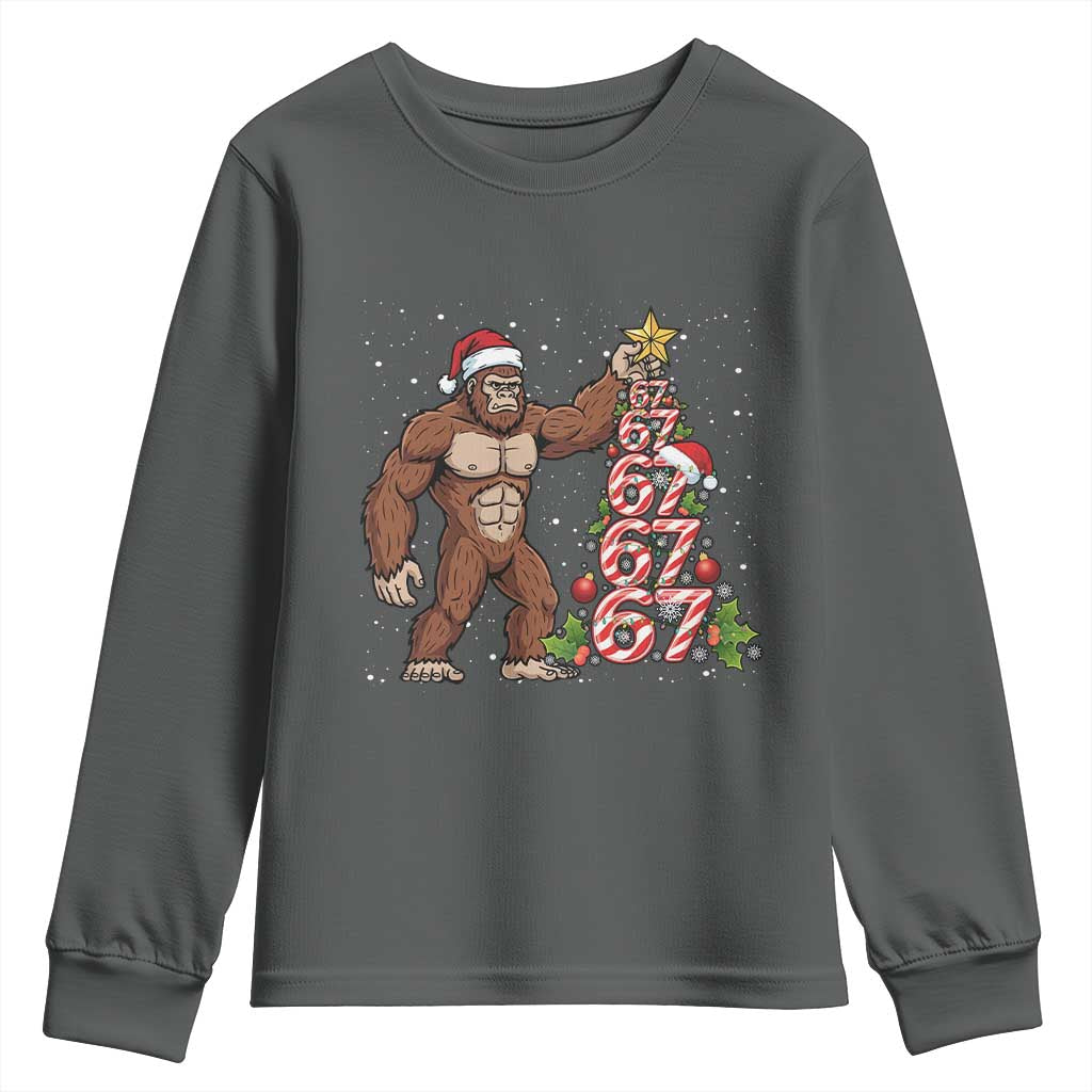 Bigfoot Christmas Tree 67 Youth Sweatshirt Holiday Six Seven Meme Brainrot Gift TS12 Dark Heather Print Your Wear