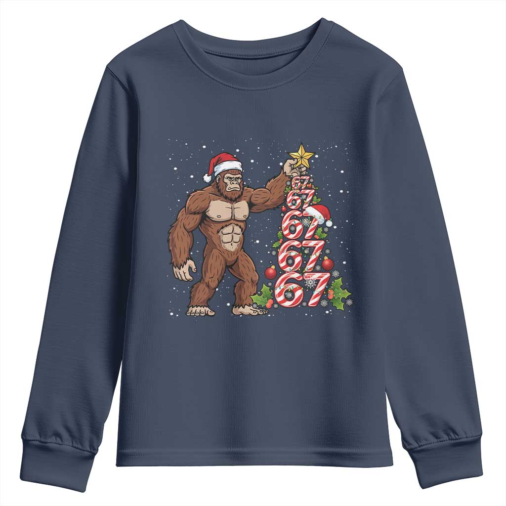 Bigfoot Christmas Tree 67 Youth Sweatshirt Holiday Six Seven Meme Brainrot Gift TS12 Navy Print Your Wear