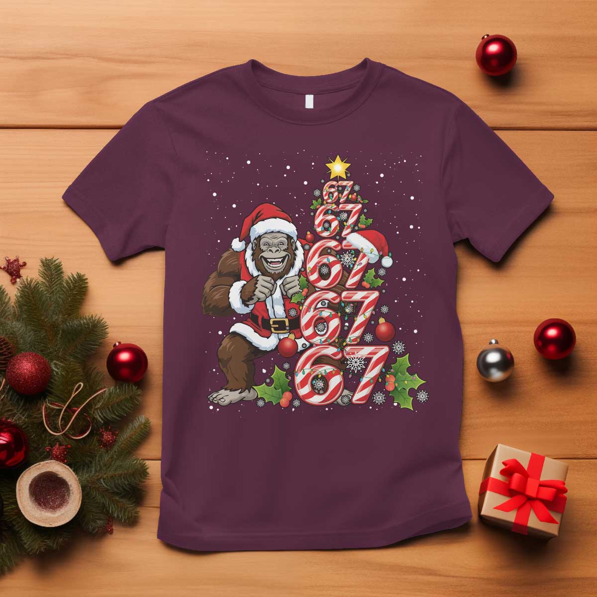 Trending Six Seven Meme Bigfoot Christmas Tree T Shirt Holiday Gift TS12 Maroon Print Your Wear