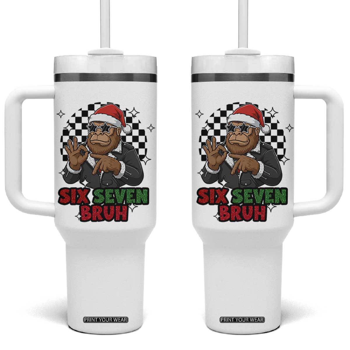 Biker Santa Six Seven Bruh Tumbler With Handle Christmas Gift For Gen Z TS12 One Size: 40 oz White Print Your Wear