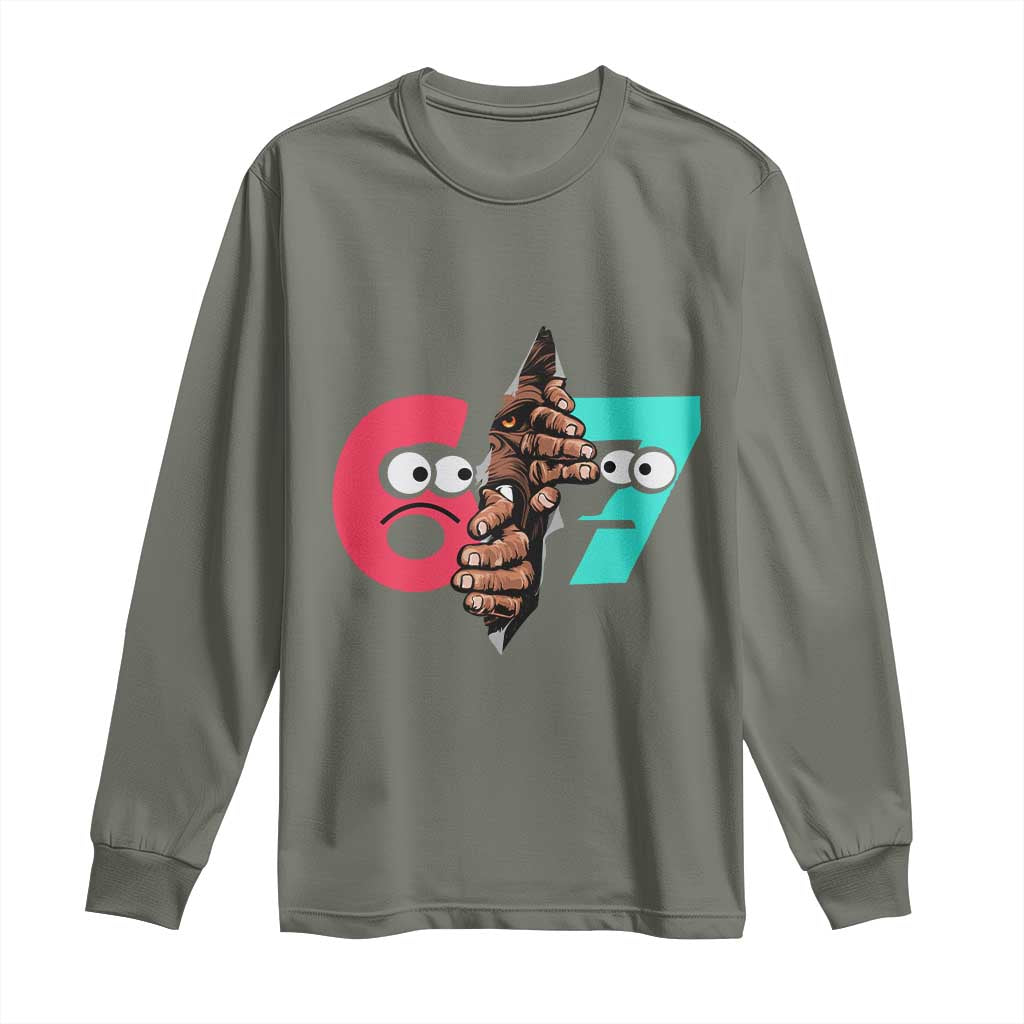 Bigfoot Six Seven Meme Long Sleeve Shirt 67 Viral Gen Alpha Slang Gift TS12 Military Green Print Your Wear