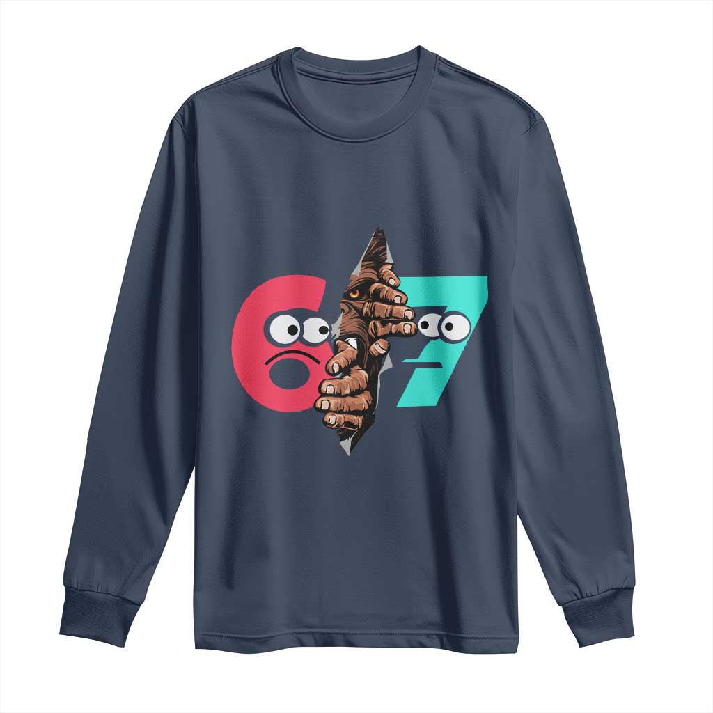 Bigfoot Six Seven Meme Long Sleeve Shirt 67 Viral Gen Alpha Slang Gift TS12 Navy Print Your Wear