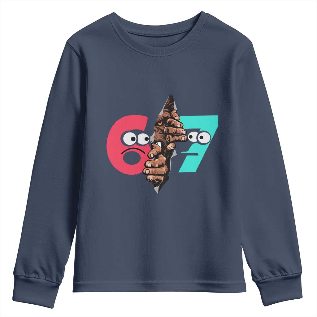 Bigfoot Six Seven Meme Youth Sweatshirt 67 Viral Gen Alpha Slang Gift TS12 Navy Print Your Wear