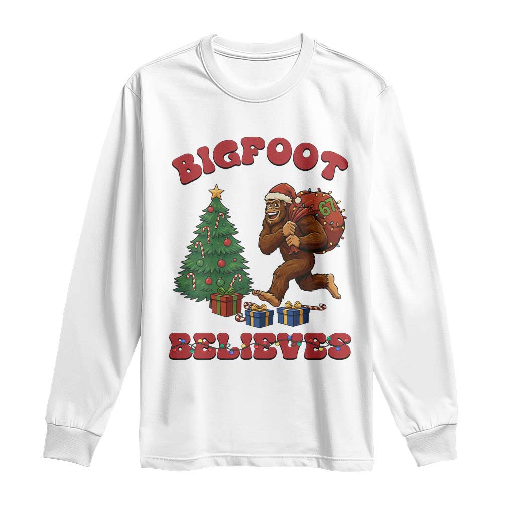 Funny Bigfoot Santa Believes Six Seven Meme Long Sleeve Shirt Trendy Gen Z Xmas Gift TS12 White Print Your Wear