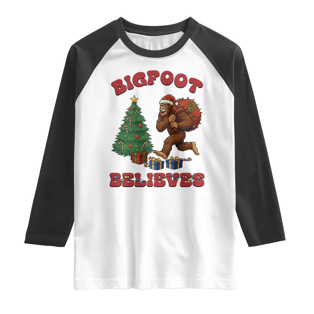 Funny Bigfoot Santa Believes Six Seven Meme Raglan Shirt Trendy Gen Z Xmas Gift TS12 White Black Print Your Wear