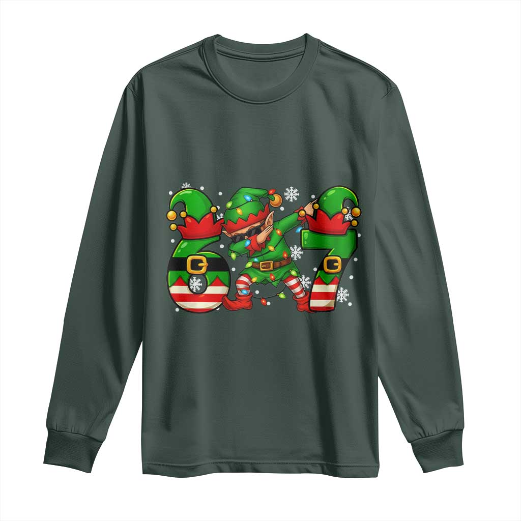 Funny Elf Dab Six Seven Meme Long Sleeve Shirt Christmas Trending 67 Gift TS12 Dark Forest Green Print Your Wear