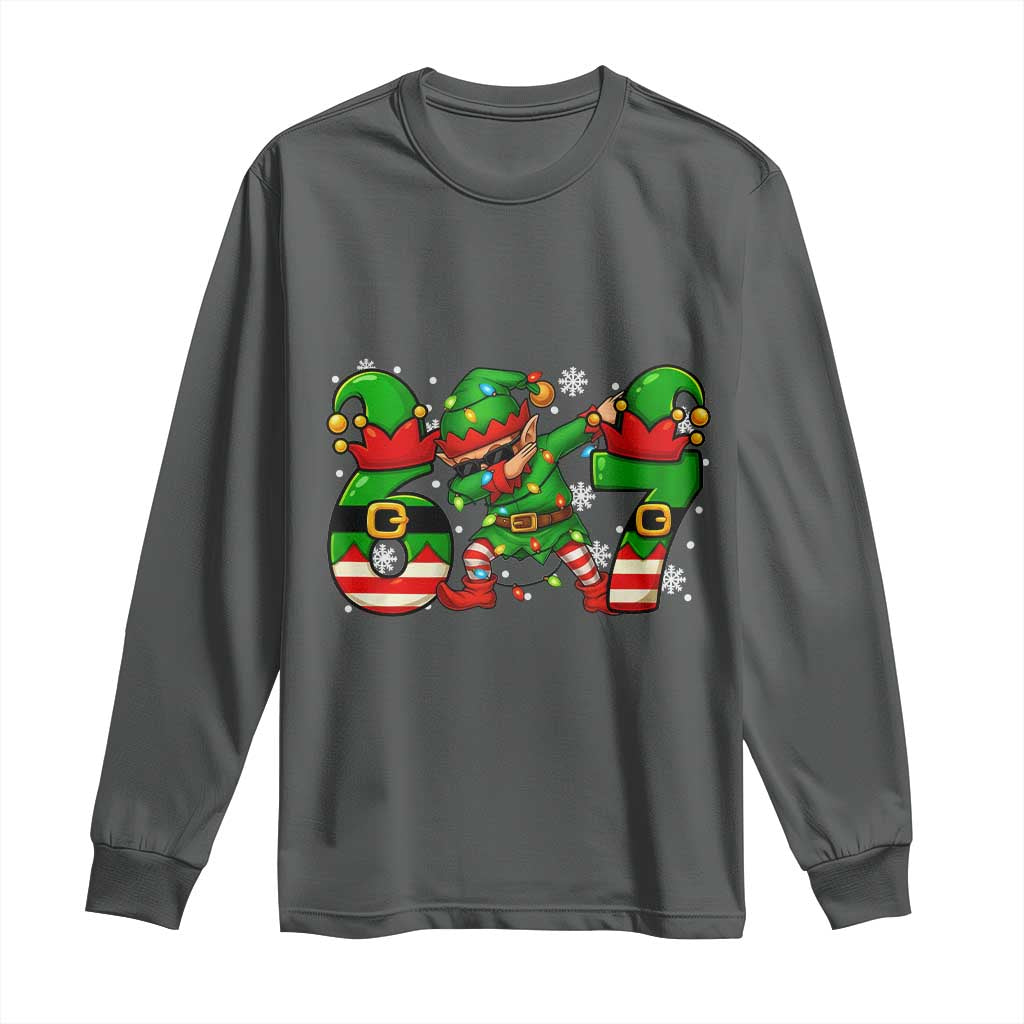 Funny Elf Dab Six Seven Meme Long Sleeve Shirt Christmas Trending 67 Gift TS12 Dark Heather Print Your Wear