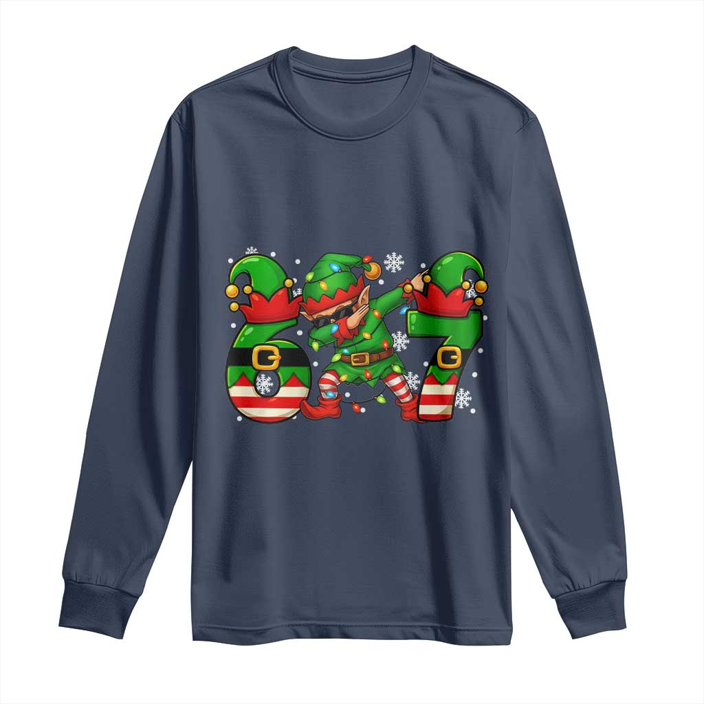 Funny Elf Dab Six Seven Meme Long Sleeve Shirt Christmas Trending 67 Gift TS12 Navy Print Your Wear