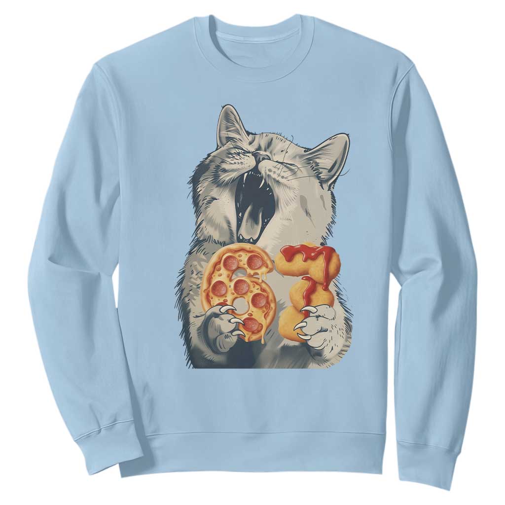 Six Seven Meme Cat 67 Pizza Nugget Sweatshirt Funny Gen Alpha 67 Trend Gift TS12 Light Blue Print Your Wear