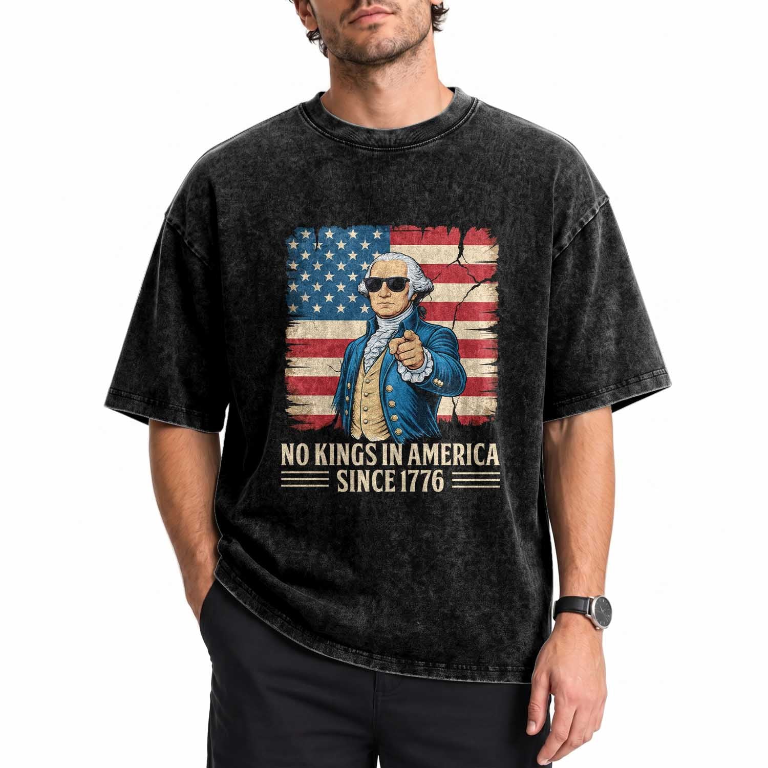 Patriotic George Washington Washed Cotton T-Shirt No Kings In America