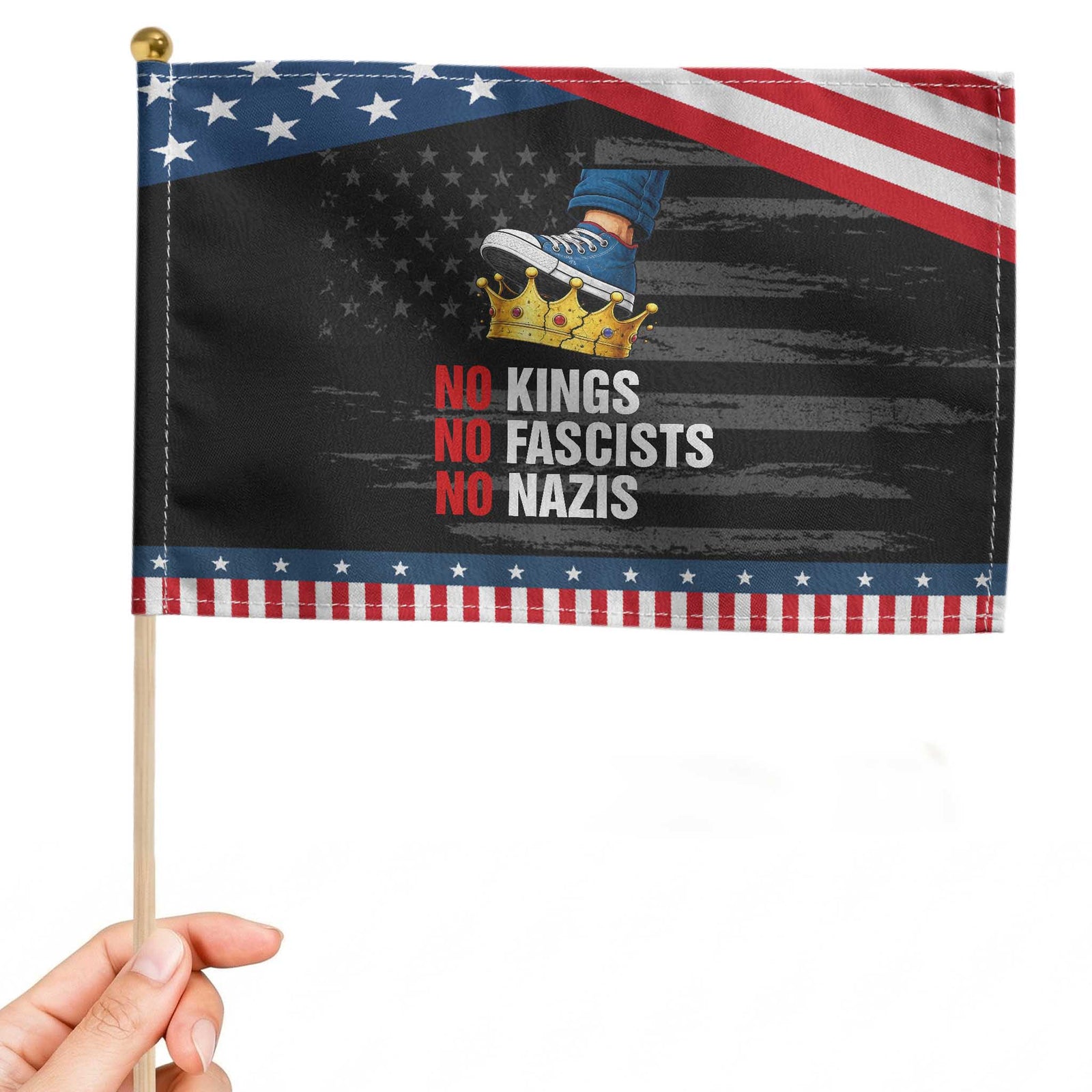 No Kings No Fascists No Nazis Patriotic Handheld Flag Anti Authoritarian Protest TS12 Distressed 8.2