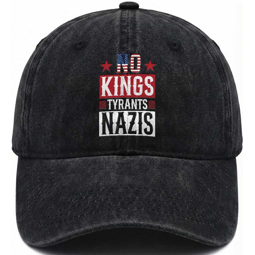 American Democracy Washed Cotton Baseball Cap No Kings No Tyrants No Nazis TS12 Washed Cap Universal Fit Black Print Your Wear