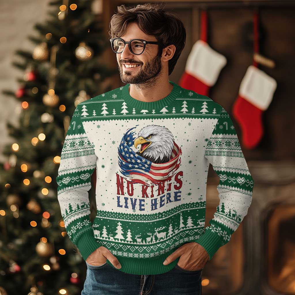 No Kings Live Here Ugly Christmas Sweater Patriotic American Eagle TS12 Beige Green Print Your Wear