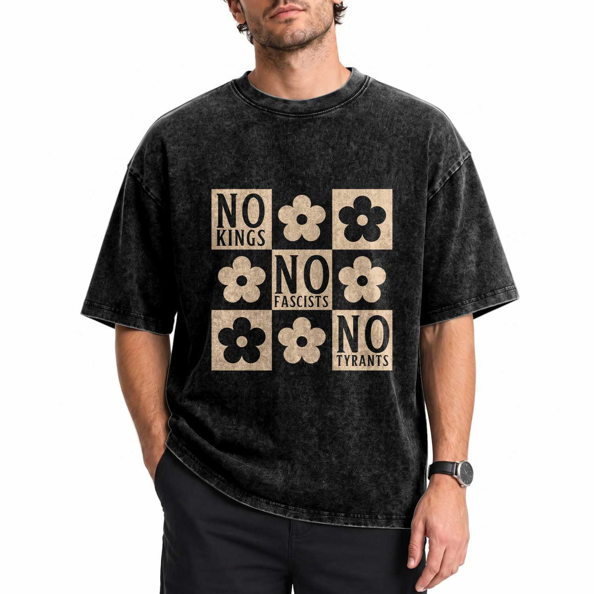 No Kings Wildflower Retro Boho Floral Washed Cotton T-Shirt