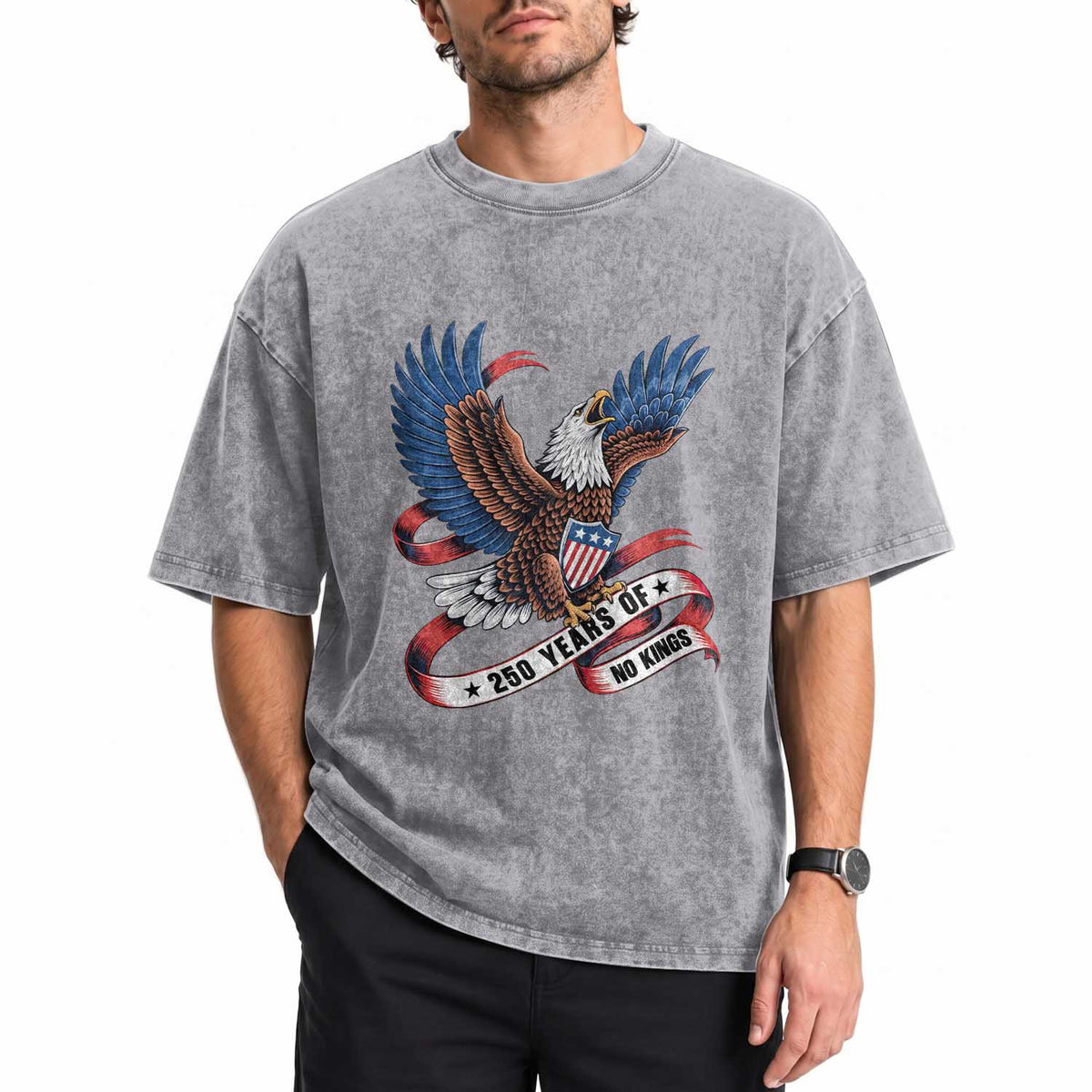 No Kings Washed Cotton T-Shirt USA 250th Anniversary Freedom Eagle