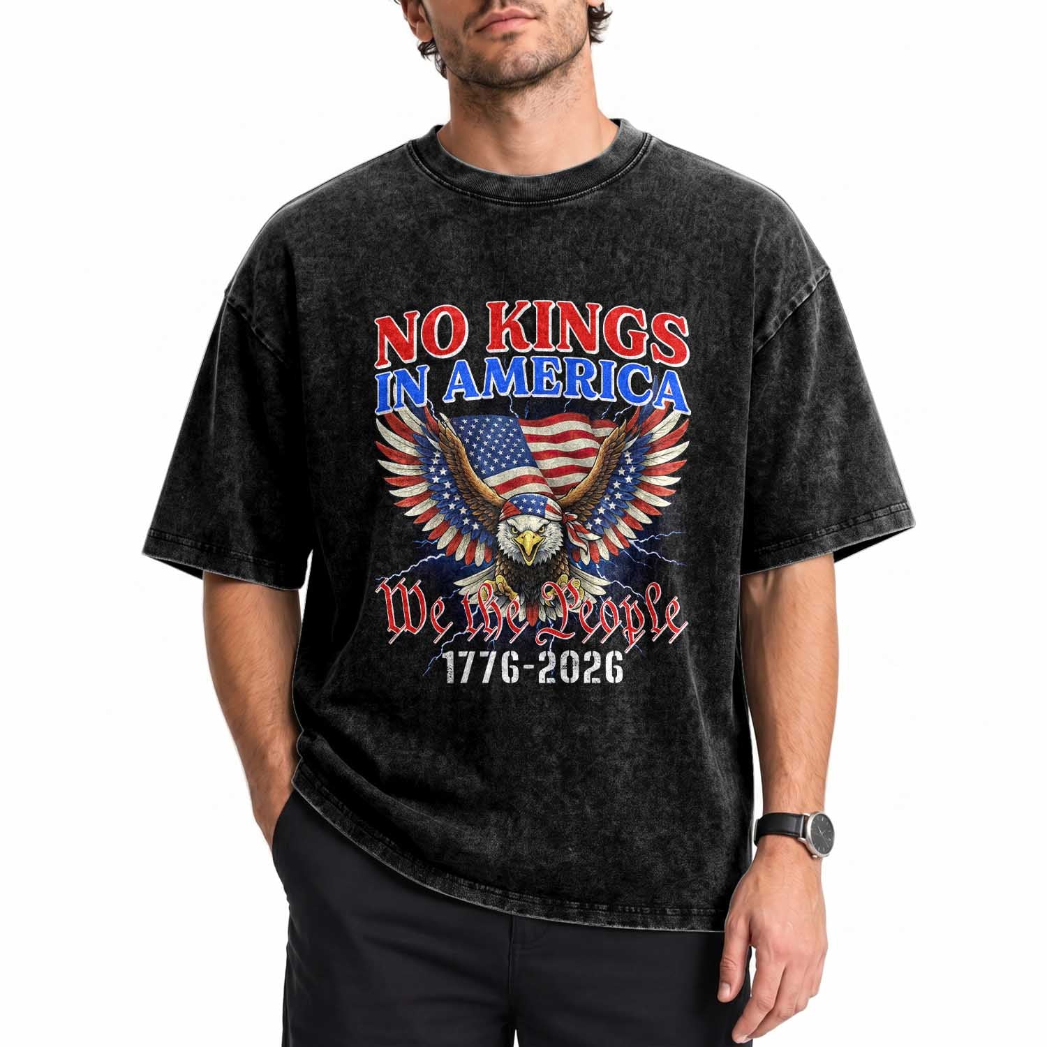 We The People No Kings In America Washed Cotton T-Shirt 250 Years America Anniversary Vintage American Flag