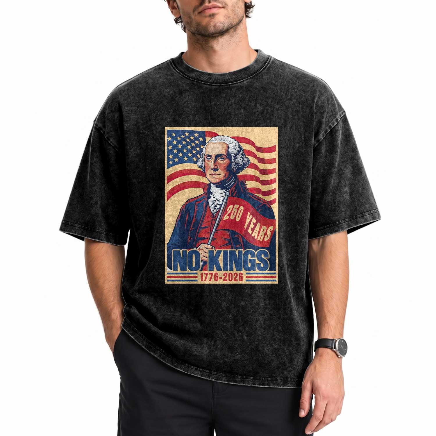 Funny George Washington Freedom Protest Washed Cotton T-Shirt No Kings