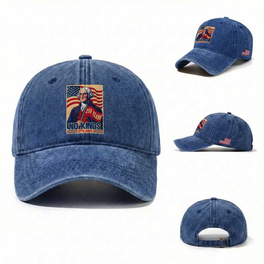 Funny George Washington Freedom Protest Washed Cotton Baseball Cap No Kings TS12 Washed Cap Universal Fit Royal Blue Print Your Wear