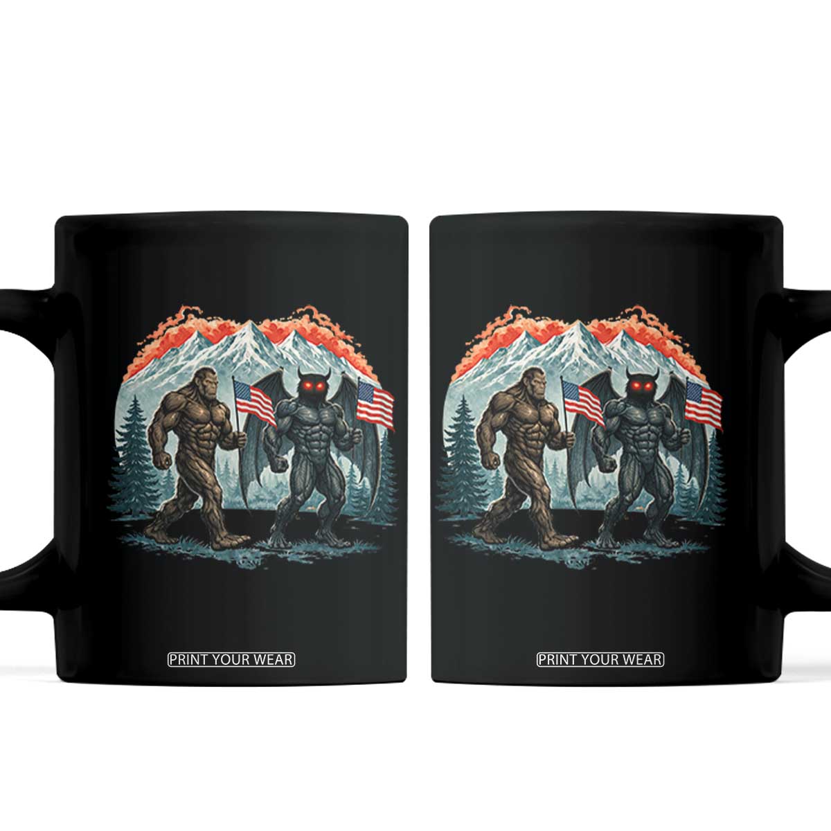 Patriotic Bigfoot And Mothman Coffee Mug Funny Cryptid Lover Gift TS12 Black Print Your Wear