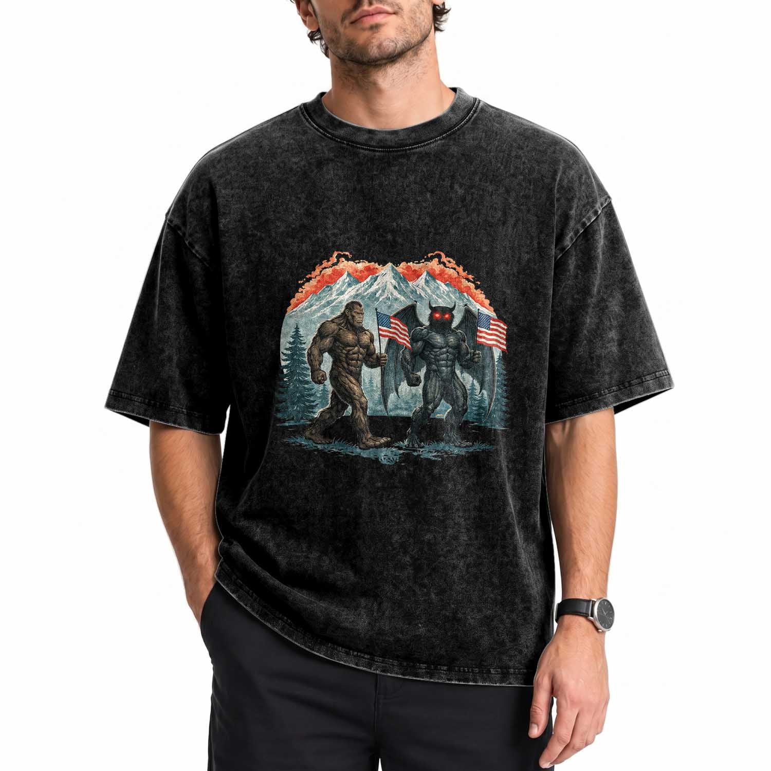 Patriotic Bigfoot And Mothman Washed Cotton T-Shirt Funny Cryptid Lover Gift