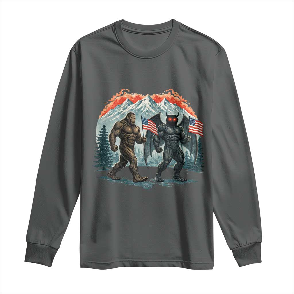 Patriotic Bigfoot And Mothman Long Sleeve Shirt Funny Cryptid Lover Gift TS12 Dark Heather Print Your Wear