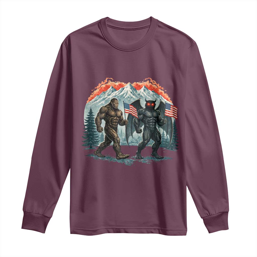 Patriotic Bigfoot And Mothman Long Sleeve Shirt Funny Cryptid Lover Gift TS12 Maroon Print Your Wear