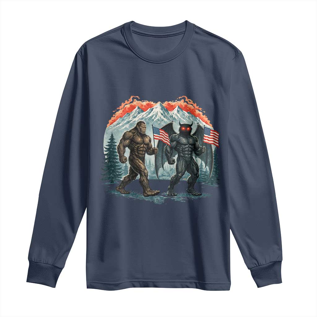 Patriotic Bigfoot And Mothman Long Sleeve Shirt Funny Cryptid Lover Gift TS12 Navy Print Your Wear