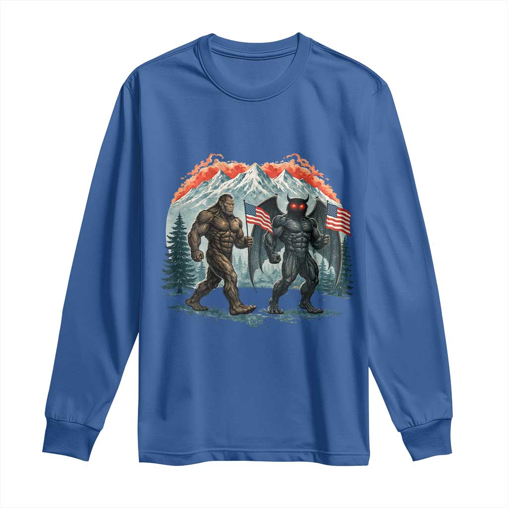 Patriotic Bigfoot And Mothman Long Sleeve Shirt Funny Cryptid Lover Gift TS12 Royal Blue Print Your Wear