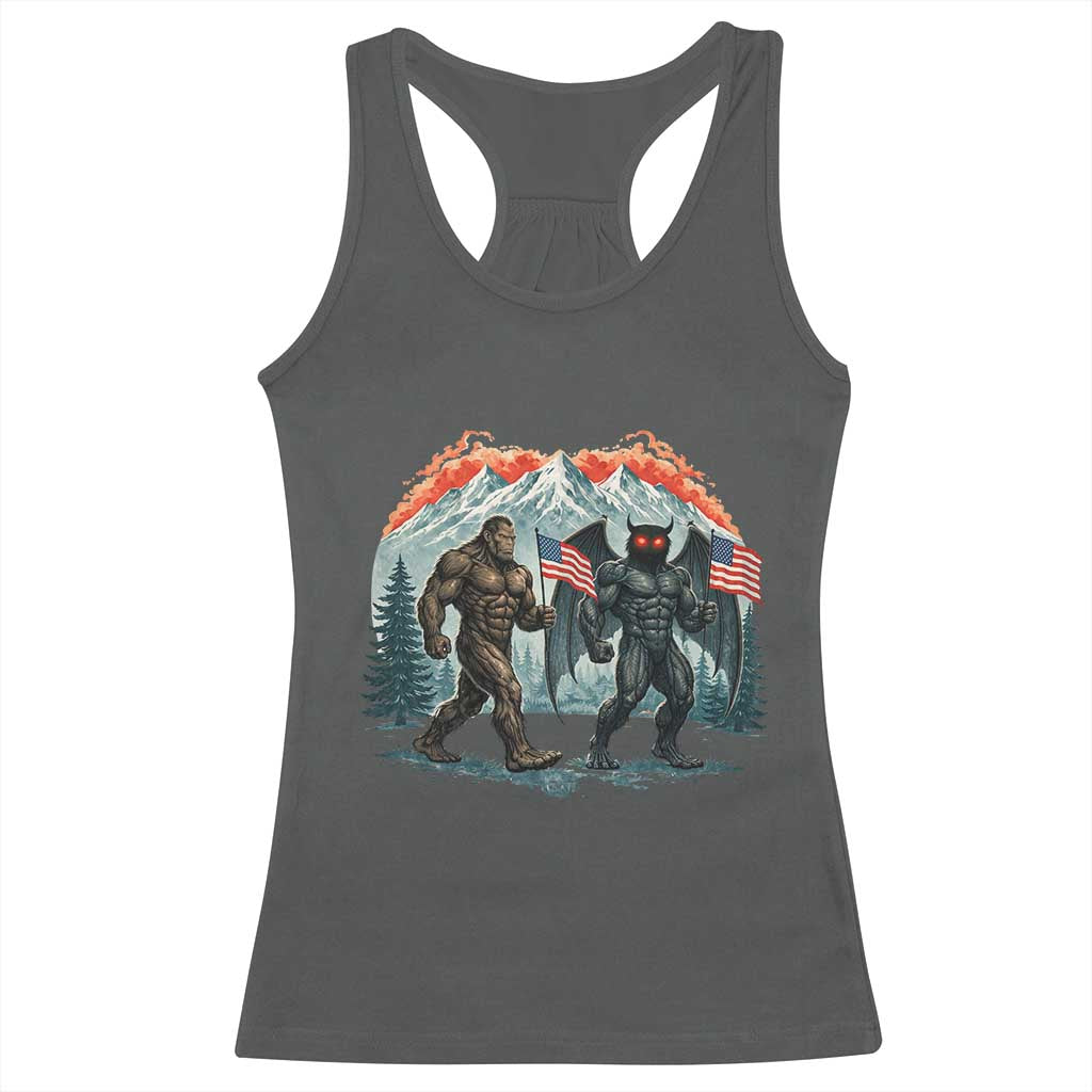 Patriotic Bigfoot And Mothman Racerback Tank Top Funny Cryptid Lover Gift TS12 Dark Heather Print Your Wear