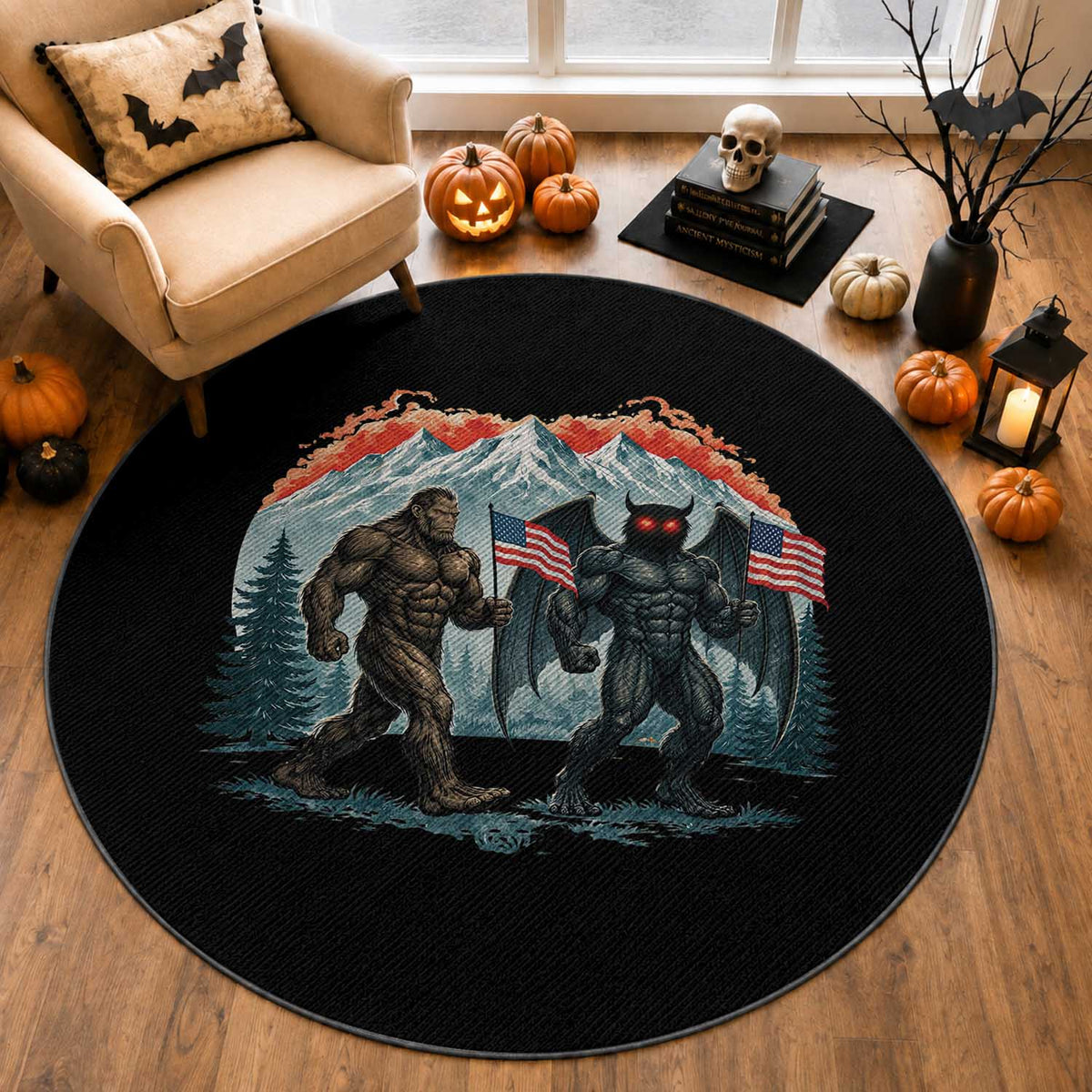 Patriotic Bigfoot And Mothman Round Rug Funny Cryptid Lover Gift