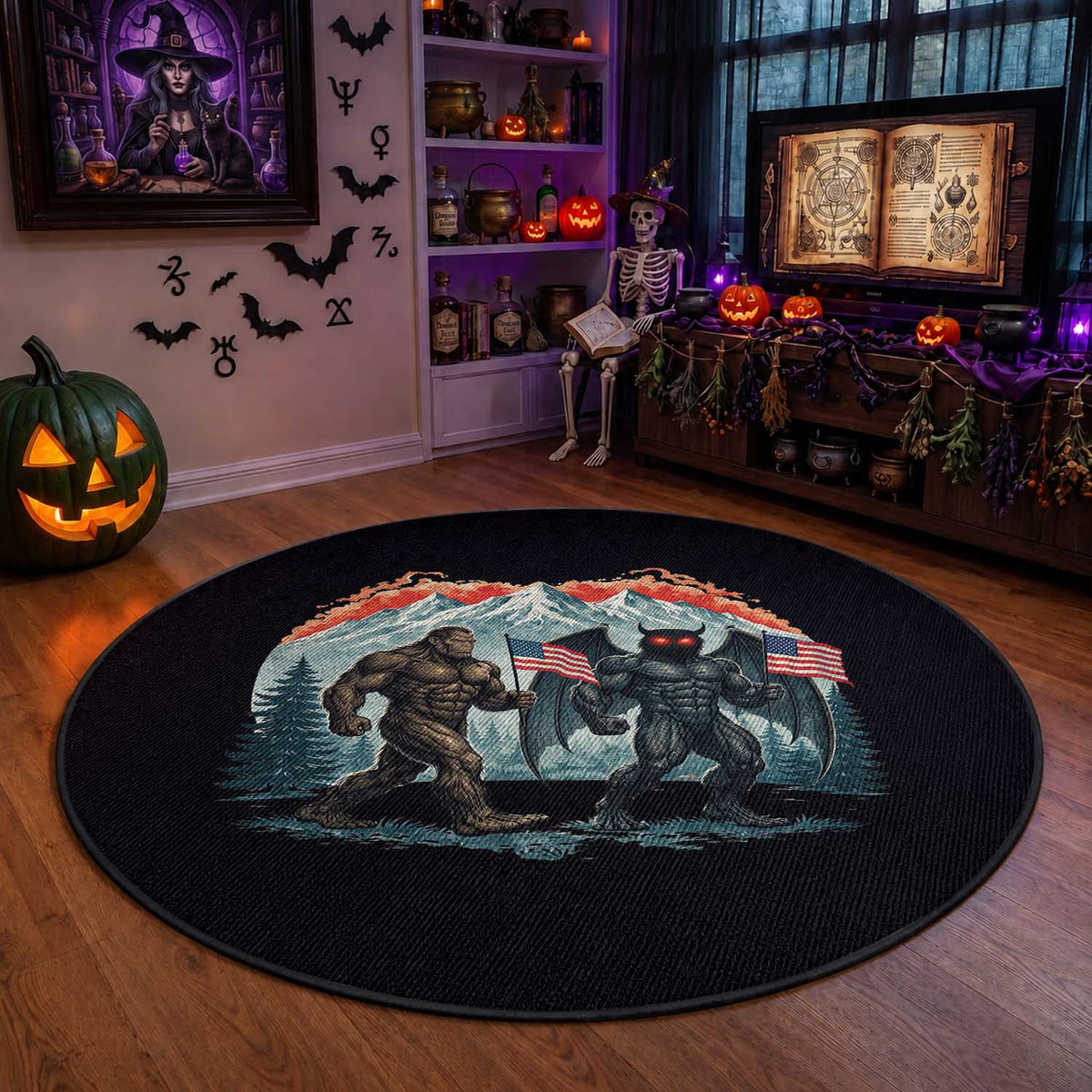 Patriotic Bigfoot And Mothman Round Rug Funny Cryptid Lover Gift