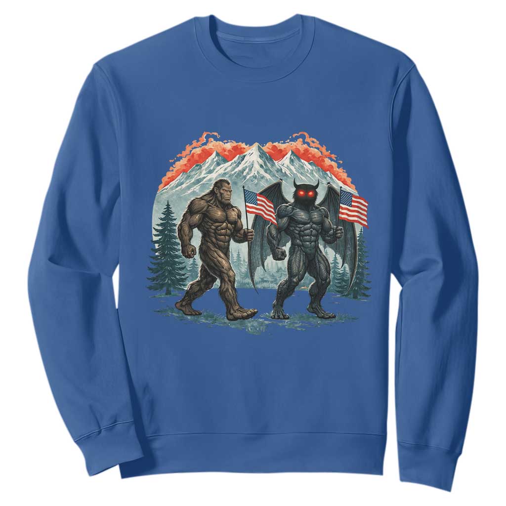 Patriotic Bigfoot And Mothman Sweatshirt Funny Cryptid Lover Gift TS12 Royal Blue Print Your Wear